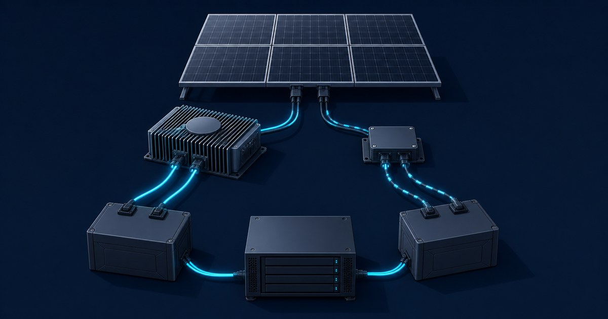 A six-panel solar array connects by glowing blue cables to two charge controllers, two batteries, and a compact homelab server.